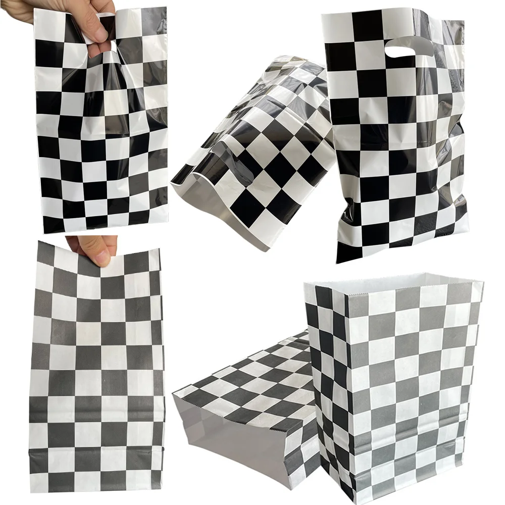 

Checkered Racing Treat Bag Black and White Race Car Favor Bag Paper Popcorn Boxes Goodie Bags Candy Bags Birthday Party Supplies