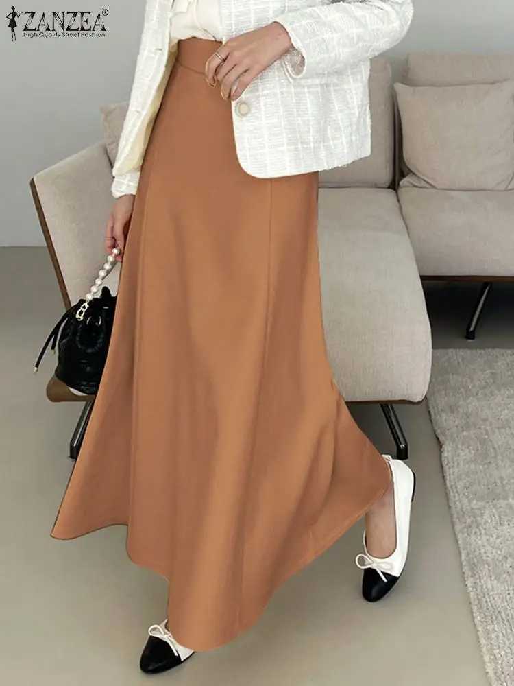 

ZANZEA Korean Fashion Casual Maxi Skirt Women Elegant Solid Color Patchwork Long Jupes High Waist A-line Office Lady Skirts