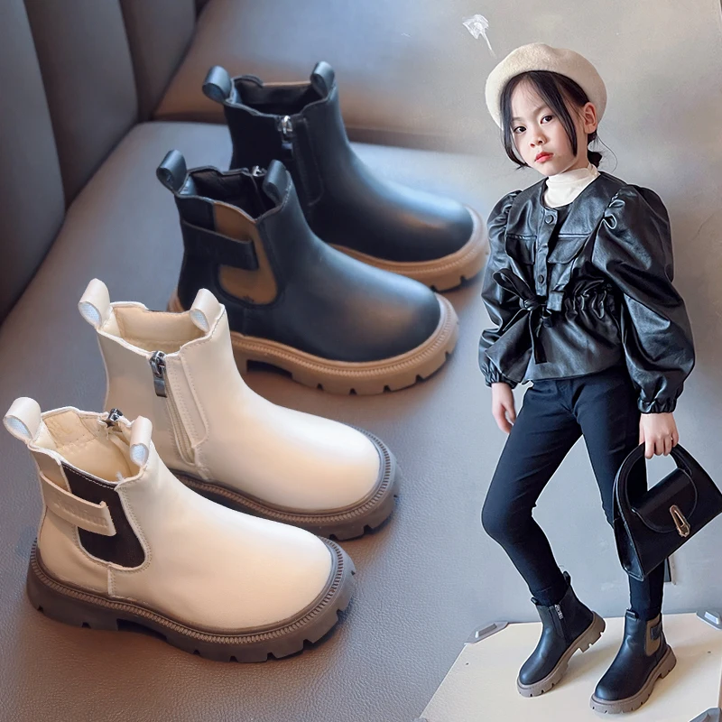 Kids Chelsea Boots Designer Black Beige Soft Leather Boys Girls Autumn Boot Children Winter Flat Ankle Boots enlarge