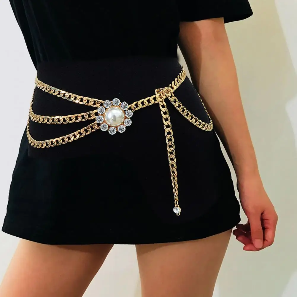 

Body Chain Adjustable Chain Belt Rhinestone Embedded Faux Pearl Girls Waist Chain