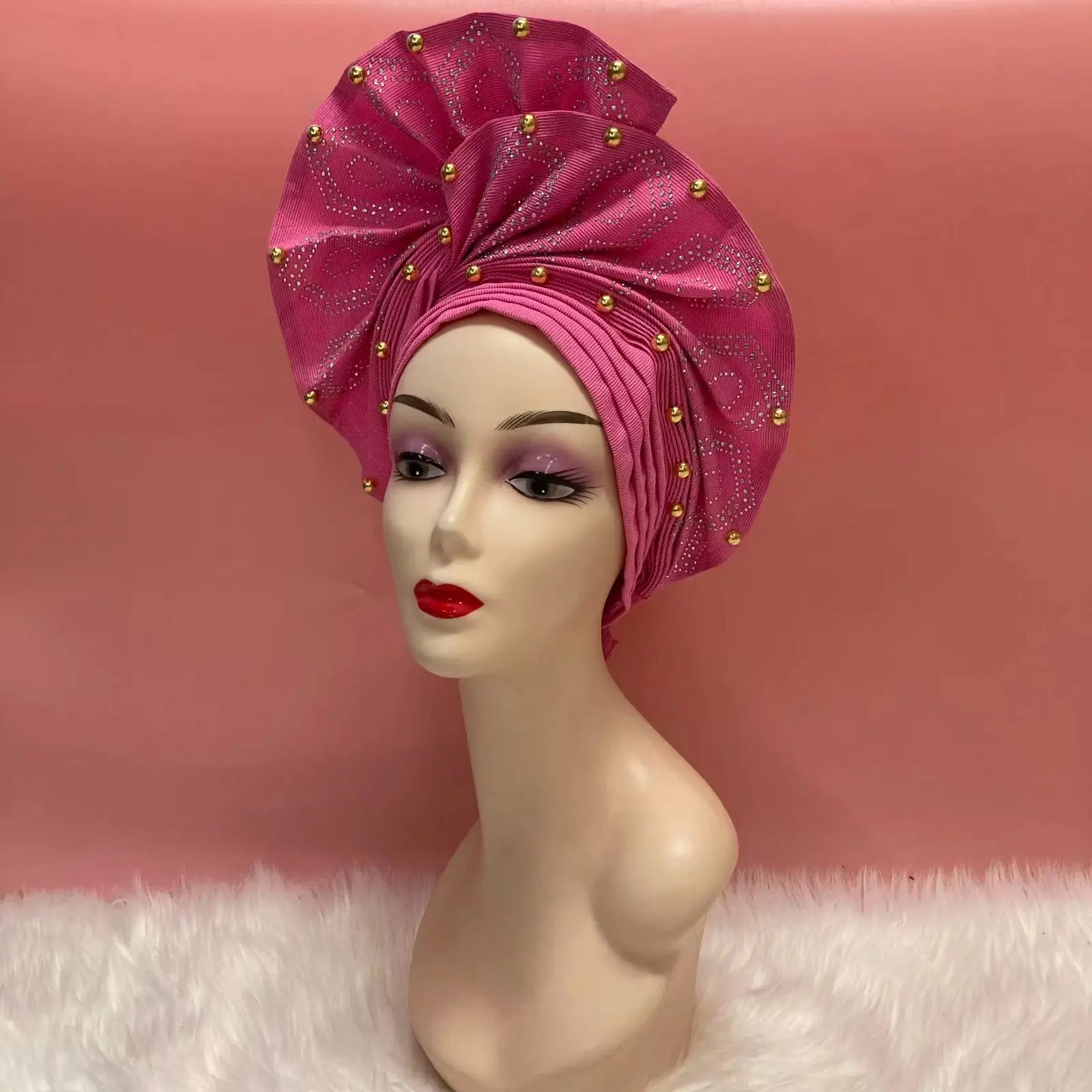 Gold Newest African Turban Cap With Beads On Top Nigeria Head Wrap Women Cap Nigerian Auto Gele Already Made Best Selling 1Set