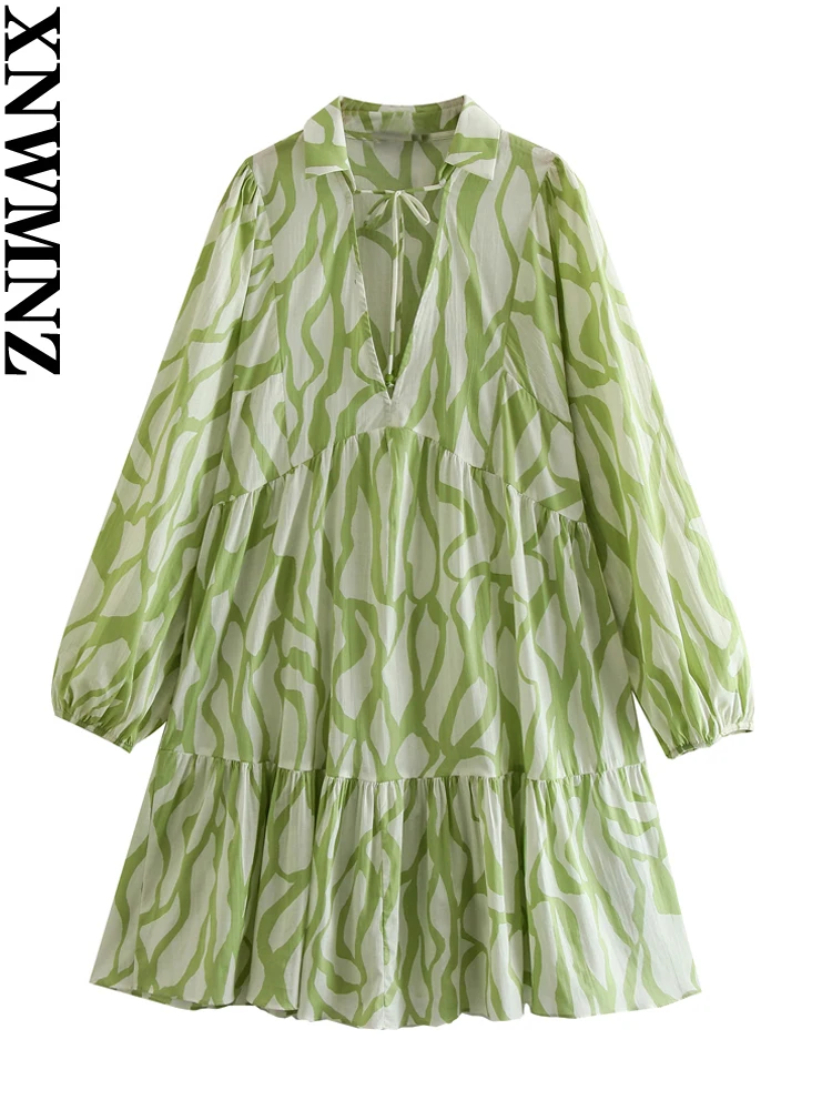 

XNWMNZ 2023 Women Fashion Printed Short Dress Casual Versatile V-neck Long Sleeve Tie Ruffled Hem Female Chic Dresses