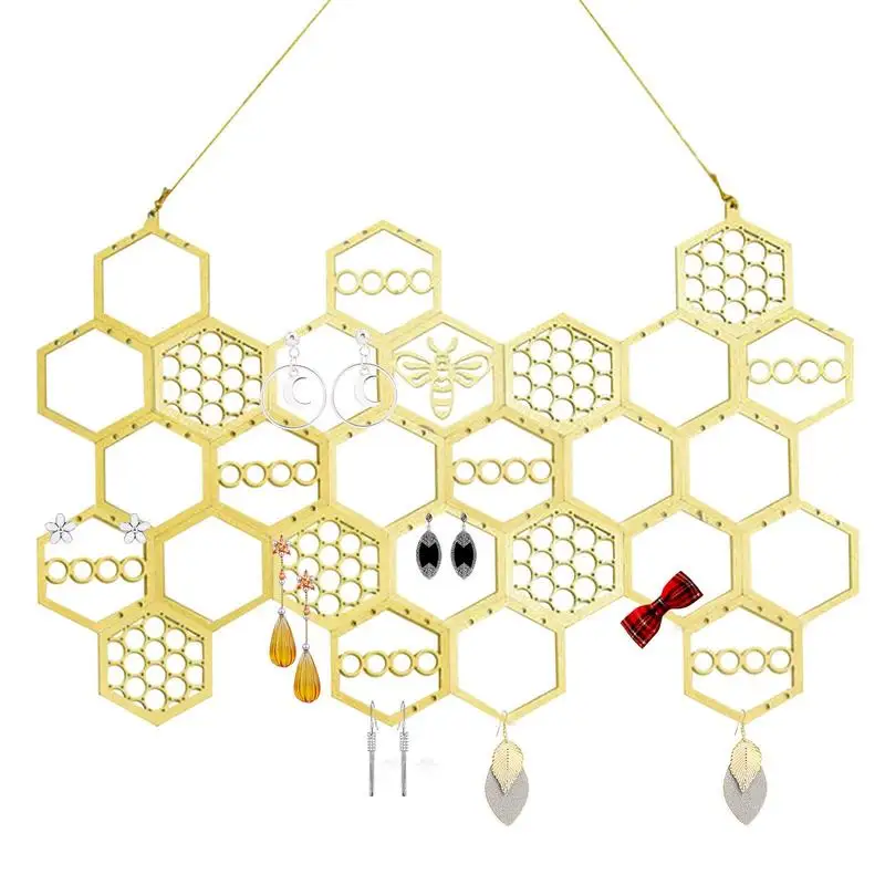 

Wooden Honeycomb Hanging Earring Jewelry Organizer Storage Rack with 8 Hooks Wall Hanging Jewelry Display Stand For Necklaces