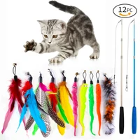 12pack three section fishing rod caterpillar funny cat stick pet cat toy color feather replacement head cat toys interactive