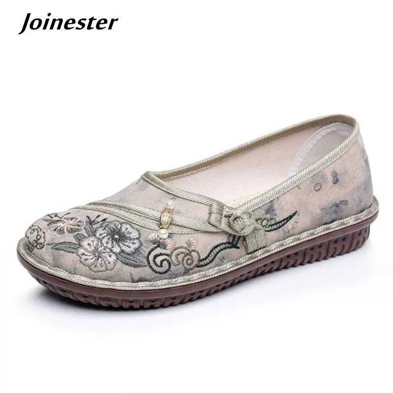 

Cotton Fabric Embroidered Vintage Loafer for Women Wide Round Toe Lightweight Casual Mom Shoe Sprig Autumn Non-skid Flats