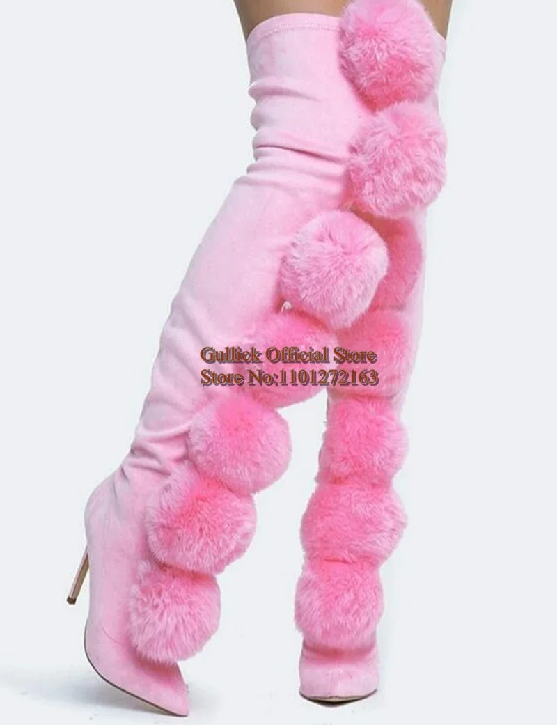 Женские зимние высокие сапоги на высоком каблуке с помпоном розовые черные