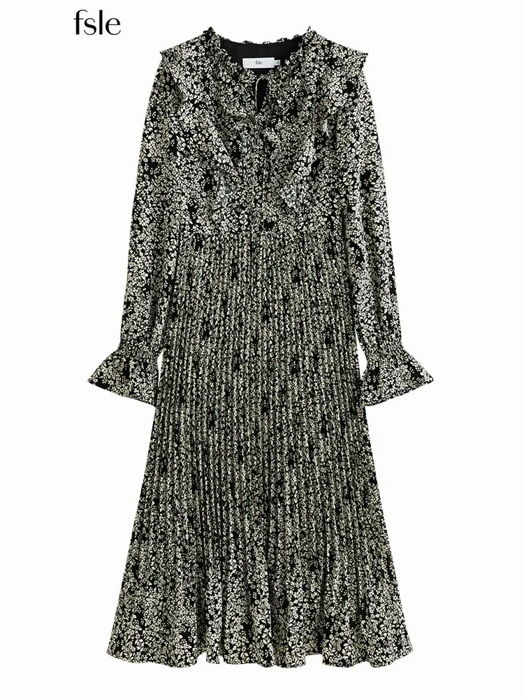 

FSLE Women Long Floral Dress All-Match Office Lady 2022 Winter Inner Pleated Dress High Waist Women Chiffon Ruffles Dress