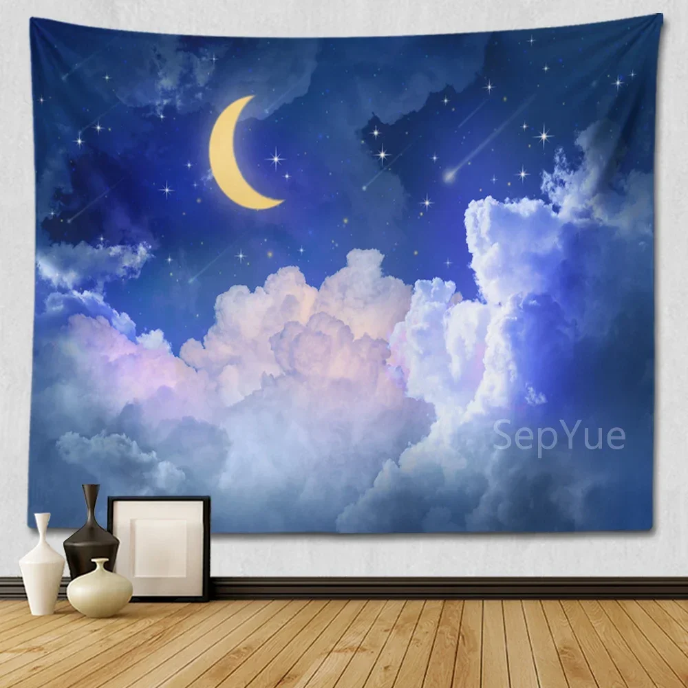 SepYue Moon and Stars Wall Hanging Blue Starry Tapestry Galaxy Universe Night Sky Space for Bedroom Living Dorm