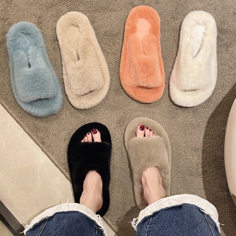 

Модные однотонные мягкие меховые женские пушистые тапочки, повседневная домашняя нескользящая обувь на плоской подошве, большие размеры 41 ...