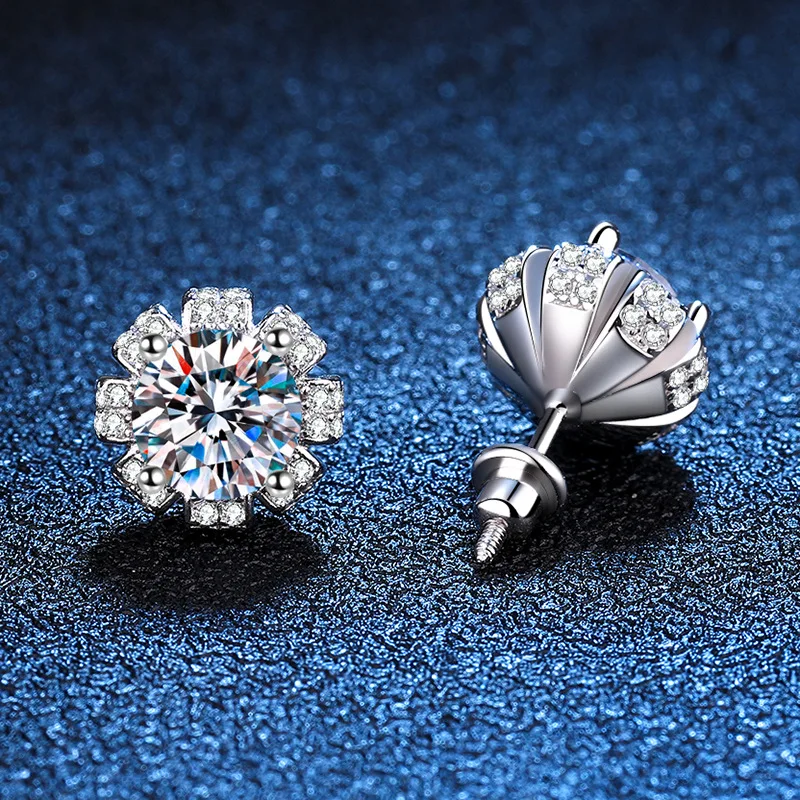 

925 Sterling Silver 2CT Moissanite Petal Stud Earrings For Women Original Certification Threaded Earplugs Wedding Fine Jewelry