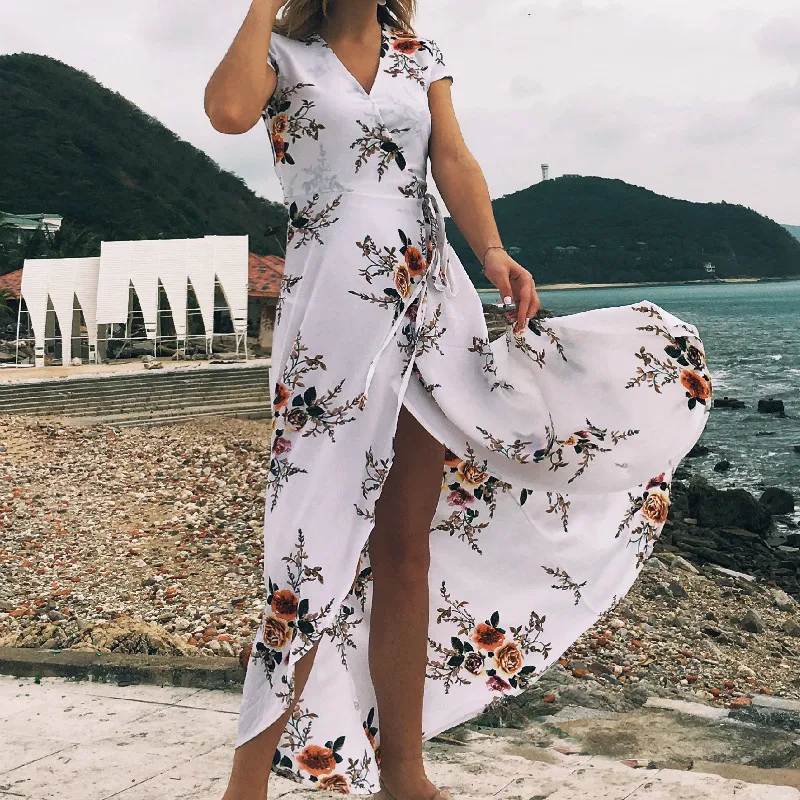 Sexy Boho Floral Printed Long Maxi Dresses Women 2021 Short Sleeve Summer Dress Deep V Neck Casual Tunic Femme Vestidos Beach