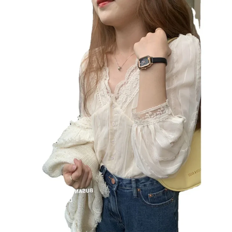 Элегантная кружевная блузка Женская Мягкая универсальная шифоновая рубашка