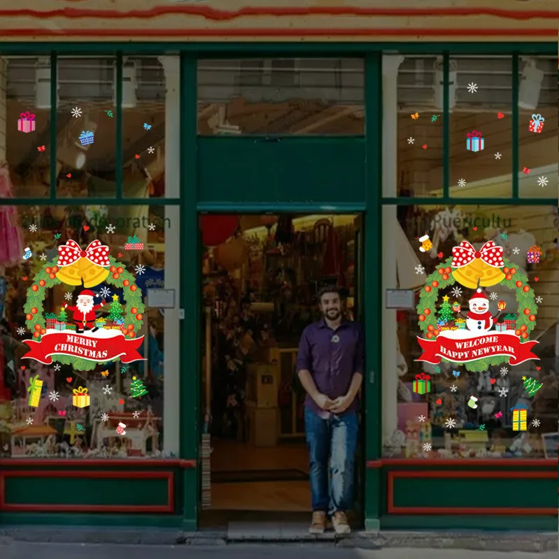 

Shop Window Glass Door Stickers Christmas Decorations Scene Layout Santa Claus Wreath Sliding Door Stickers