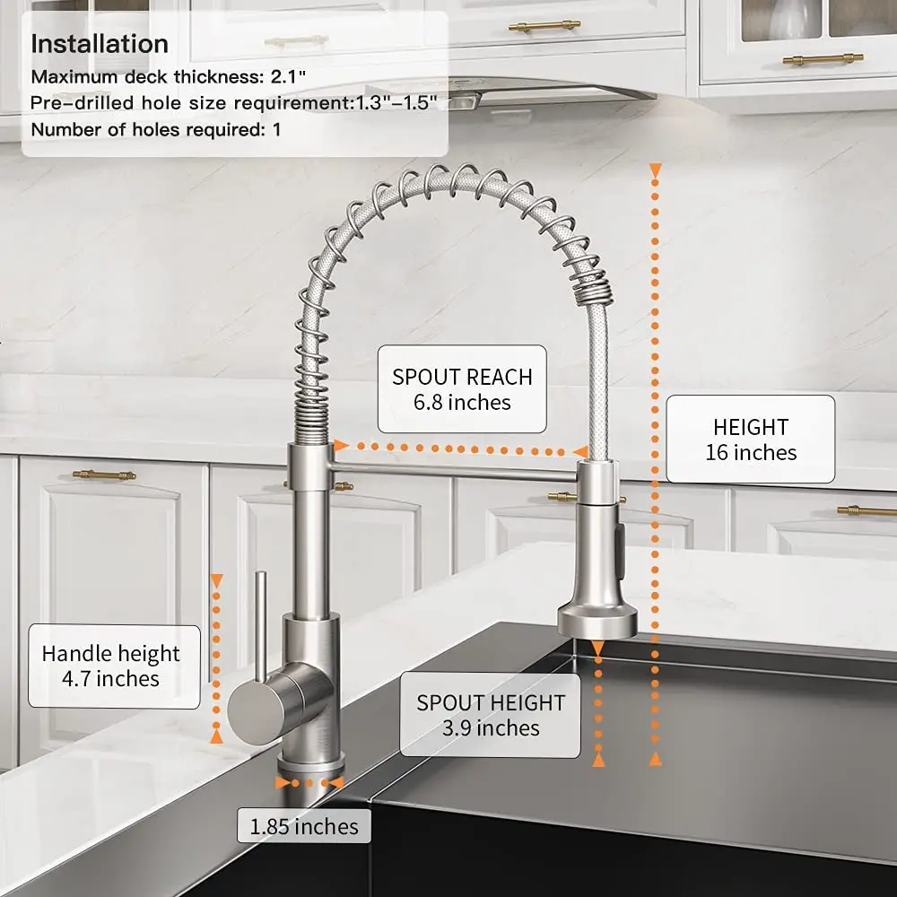 OWOFAN Kitchen Faucets Commercial Solid Brass Single Handle Lever Pull Down Sprayer Spring Sink Faucet Brushed Ni |