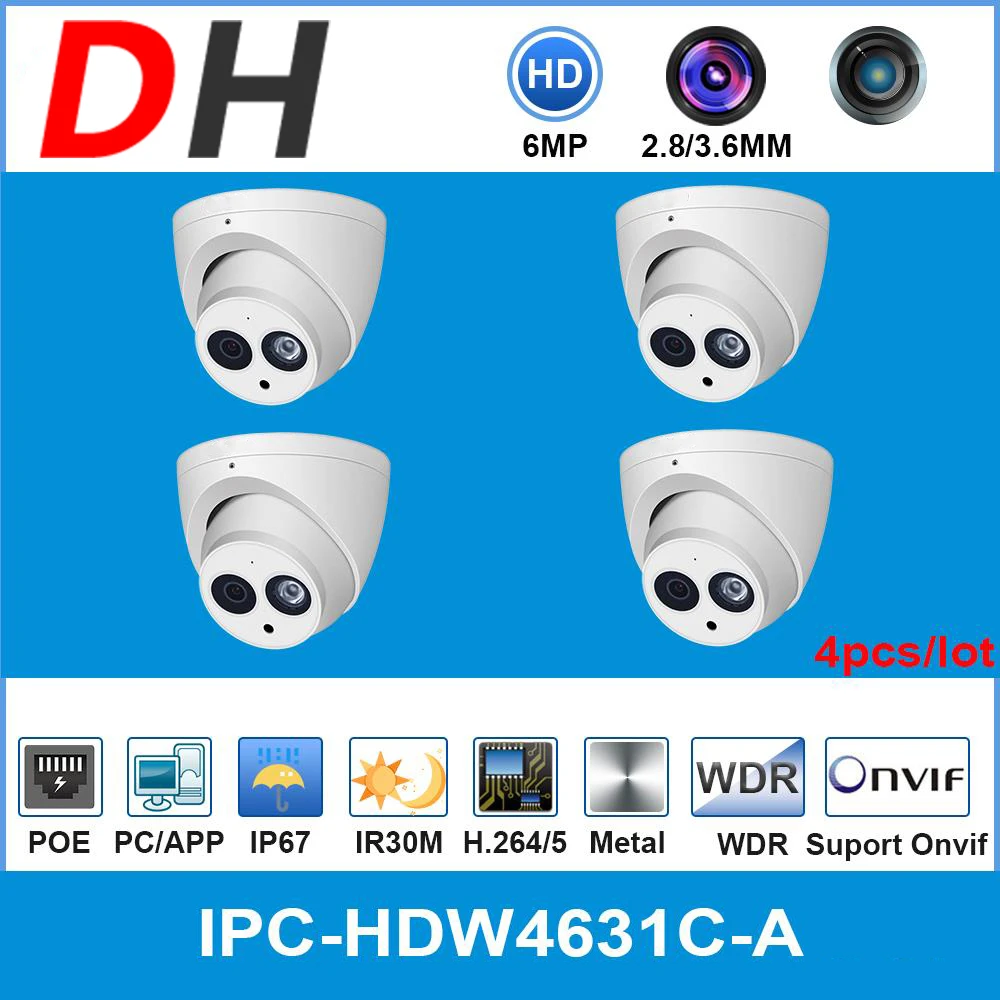 

Dahua Wholesale IPC-HDW4631C-A 6MP HD POE Network IP Camera Metal Built-in MIC CCTV 30M IR from IPC-HDW4433C-A 4pcs/lot