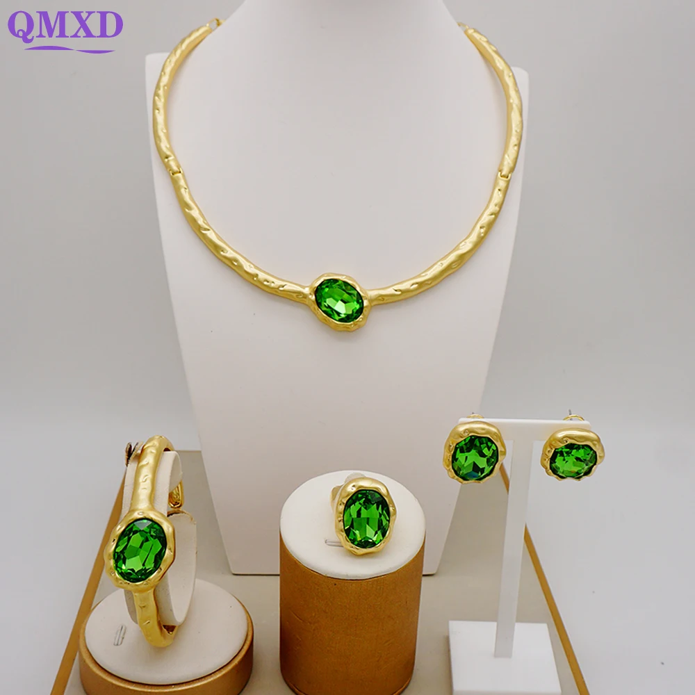 Dubai Jewelry Sets For Women Green Crystal Necklace Set Italian Style Large Green Crystal Pendant Bridal Wedding Party Gifts
