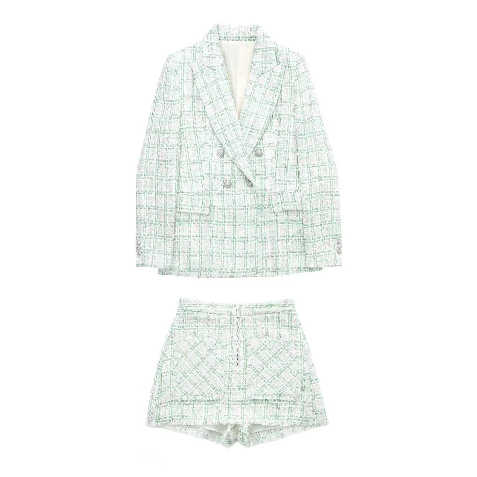 

Women 2023 spring New Fashion Double Breasted Tweed Check Blazer Coat Vintage Long Sleeve Pockets Female Outerwear Chic