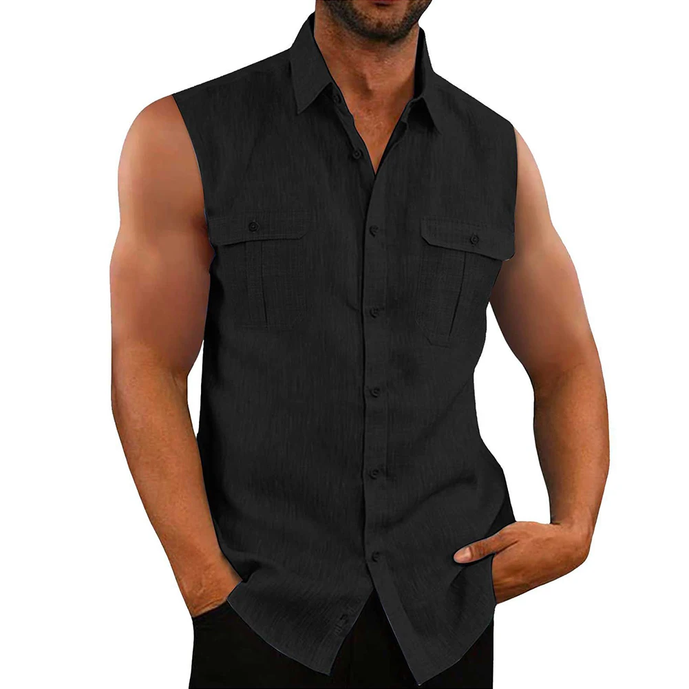 Leisure Men's Cotton Linen Tank Tops Spring Summer Casual Solid Color Buttoned Lapel Sleeveless Vest Shirt Fashion Camisole