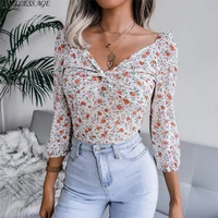 sexy v neck chiffon button shirt spring summer women casual lantern half sleeve knotted floral slim pullover top fashion wild