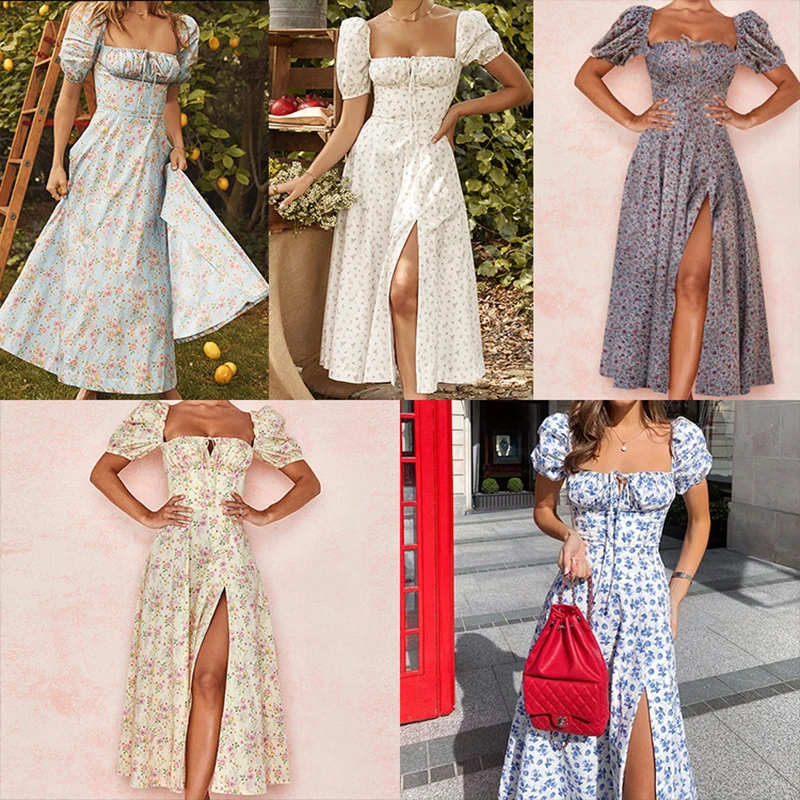 

Printed Floral Backless Slim Fit Sling Slit Female Square Collar Summer Casual Boho Women Dress Beach Pastoral New Holiday Long