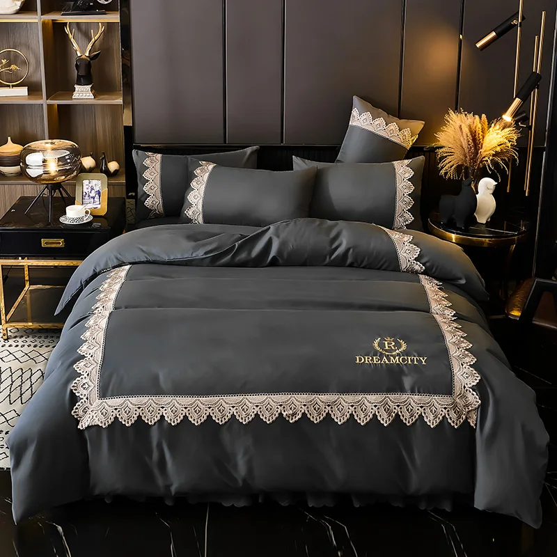 

Plain Bedding Set Luxury Lace Bed Skirt Sets 이불세트 Single/Queen/King Bed Sheet Sets Washed Cotton roupa de cama Bedding Bed Set