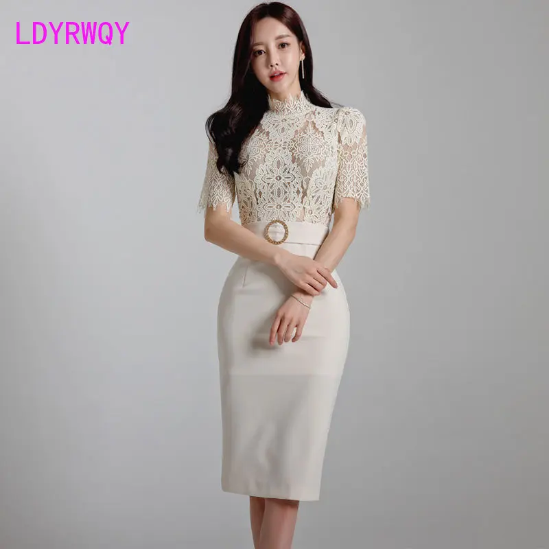 

Celebrity Style Half High Neck Lace Panel Dress 2023 Spring New High Waist Slim Fit Wrap Hip