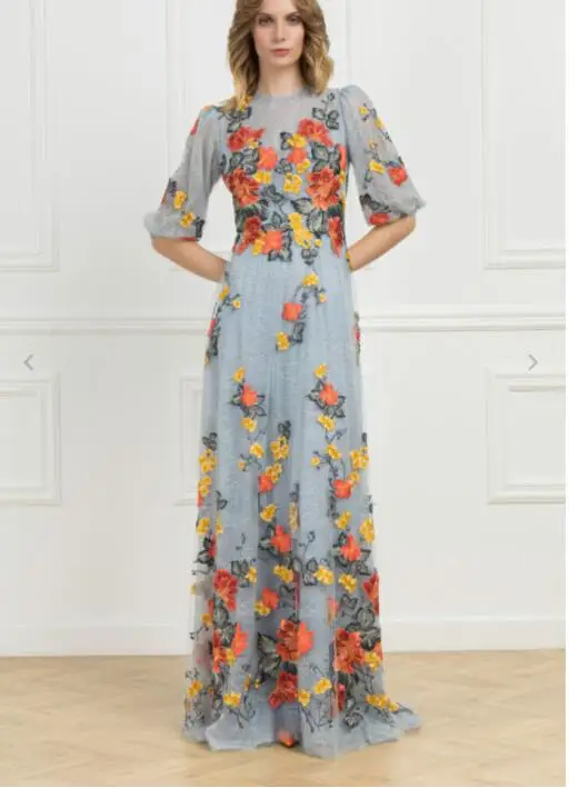 

Verngo Exquisite Floral Pattern Long Evening Dresses Jewel Neck Puff Half Sleeves Floor Length Formal Prom Dress Vintage Women