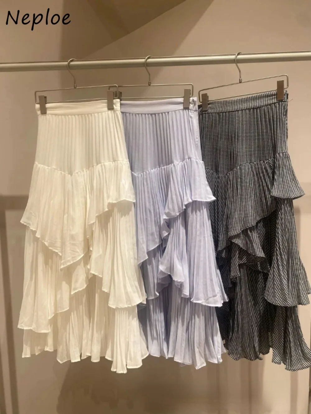 Neploe Темперамент Оборки Высокая Талия Faldas Приталенная Шифоновая Плед Средней