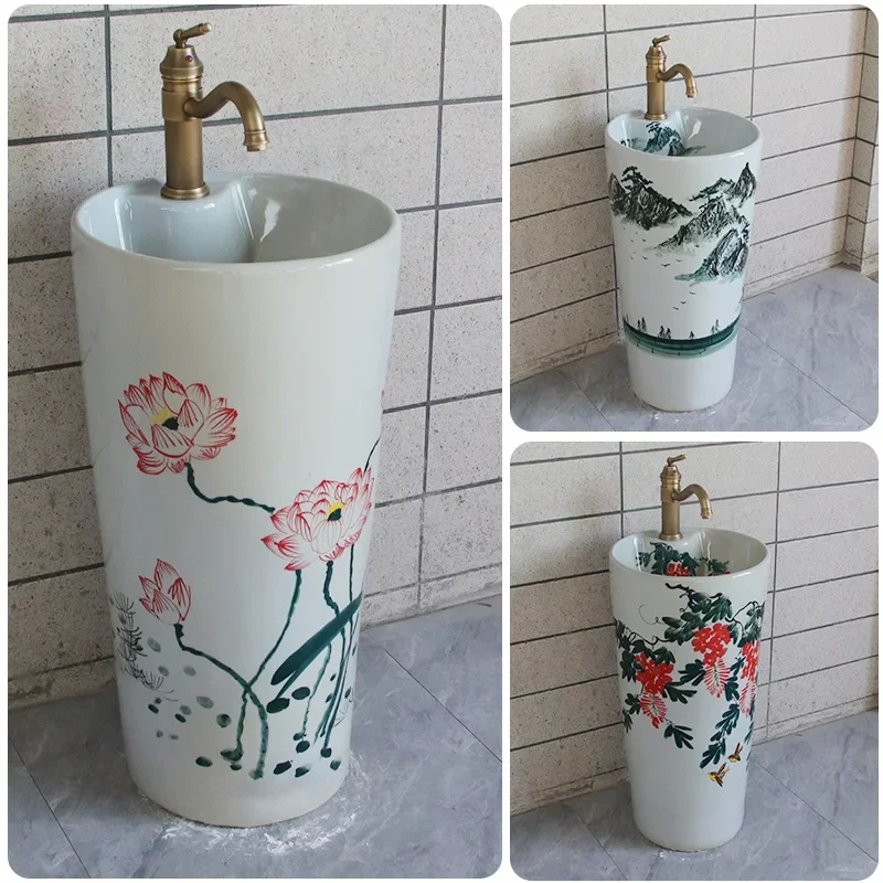 

Pedestal Basin Ceramic Basin Balcony Outdoor Bathroom Washbasin Integrated Pedestal Floor Wash Basin Hand Painted