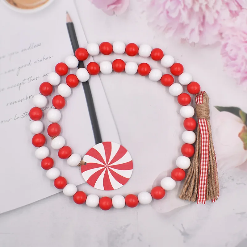 

Рождественский деревянный венок из бусин с кисточками, украшенный искусственным цветом, деревянная гирлянда из бусин, венок для рождествен...