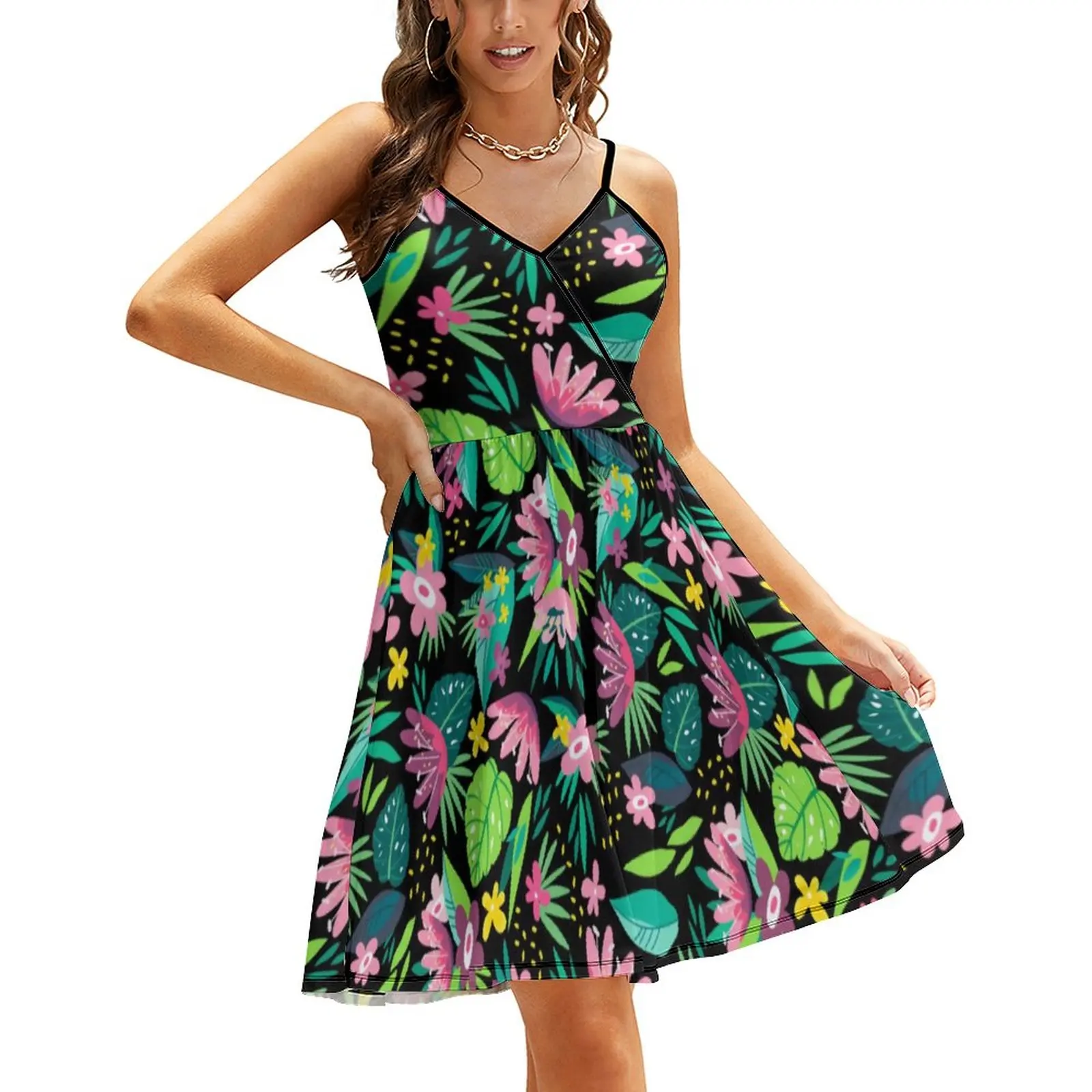 

Платье женское цветное с тропическим принтом, базовое платье на бретелях-спагетти, повседневный наряд с цветочным принтом и листьями, подар...