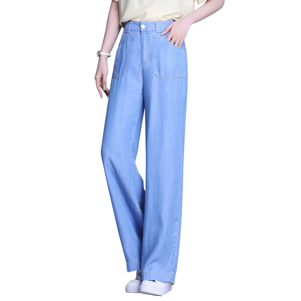 Women Wide-legged Summer Denim Jeans 2022 New Loose High Waist Straight Leg Ice Silk Thin Soft Light Blue Denim Pants M To 6XL