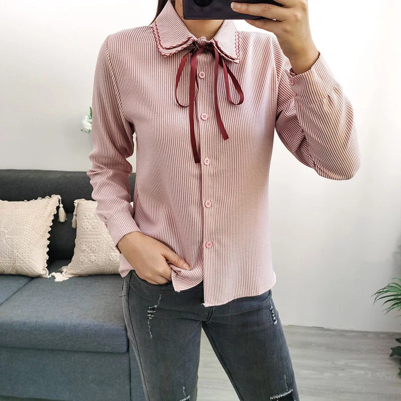 

Women Casual Shirt Striped Long Sleeve Top Ladies Singel Breasted Lace Up ashion All Match Blouses Shirts
