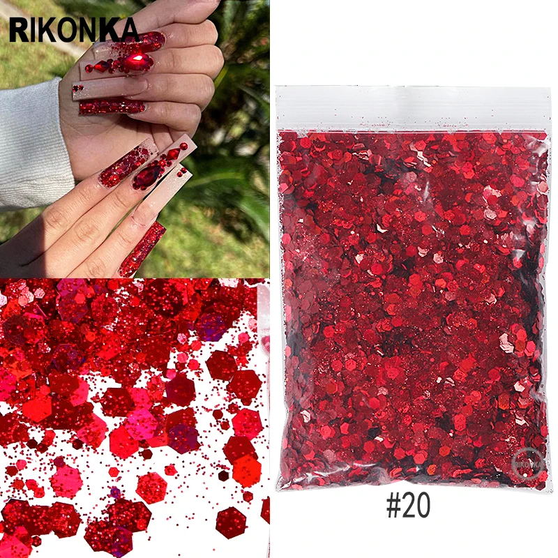 50G Laser Chunky Glitter Bulk Mixed Sparkly Holo Hexagon Red Nail Art Sequins For Manicure Valentine Charms DIY Nail Accessories