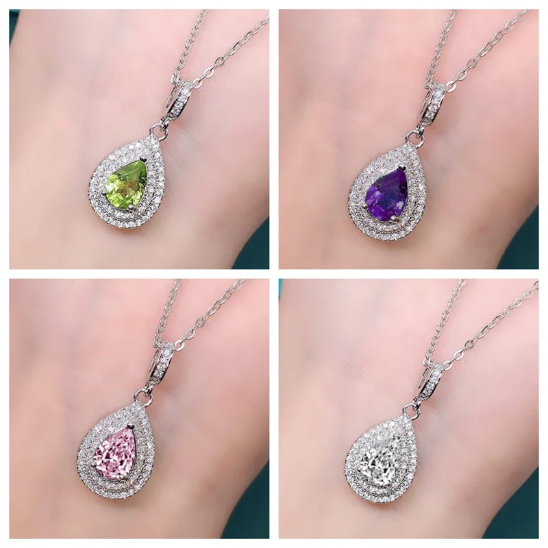 

New Aesthetic Water Drop Pendant Necklace for Women Pink/White/Green/Purple Cubic Zirconia Luxury Trendy Wedding New Jewelry