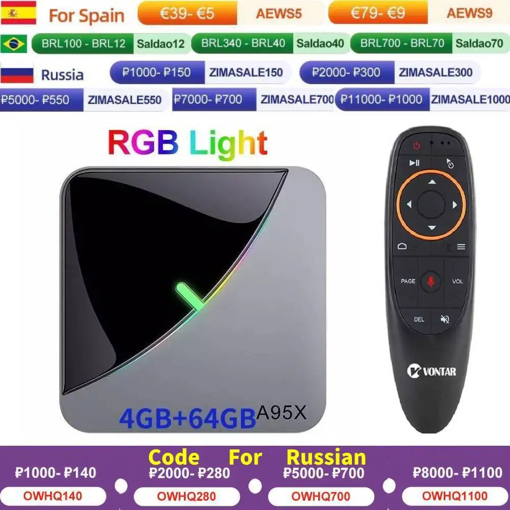 

Приставка Смарт-ТВ A95X F3 Air Amlogic S905X3, Android, 4 + 64 ГБ, 8K