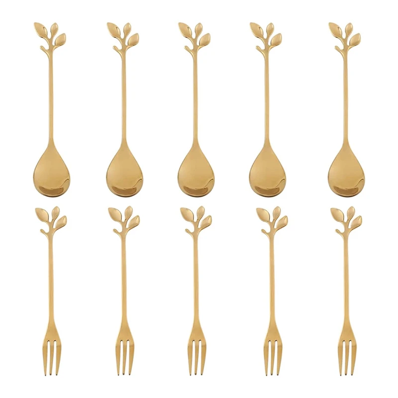 

5Spoon+5Forks Stainless Steel Leaf Coffee Cake Spoon Fork Dessert Spoons, Stirring Teaspoon Set