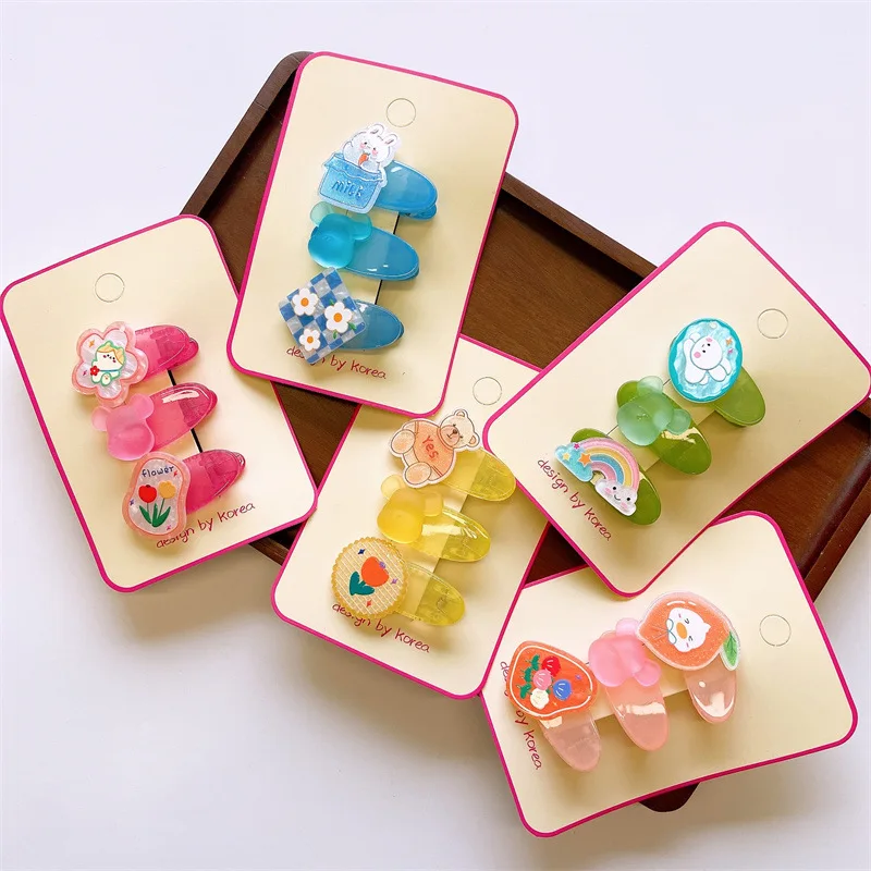 

3-pcs Set of New Korean summer cool acrylic version painted flowers bear duck bill hairpin for Babi Girl Hair Accessories