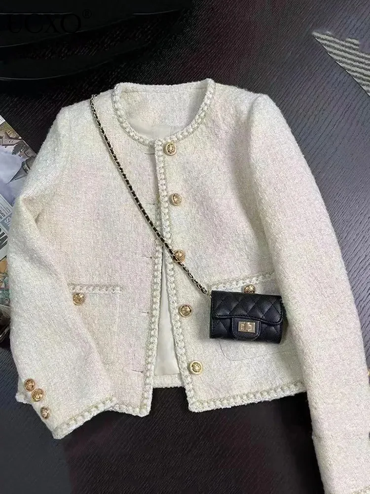 

UCXQ Thick Winter Outwears Tweed Jacket For Women Temperament Long Sleeve O-neck Fashion Wool Coat 2023 Autumn Winter New 3A5163