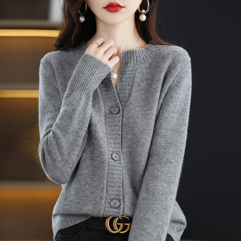 

Кашемировый свитер, женский кардиган с круглым вырезом, вязаное пальто из 100% чистой шерсти с длинными рукавами, Женский базовый свитер, корейский модный топ