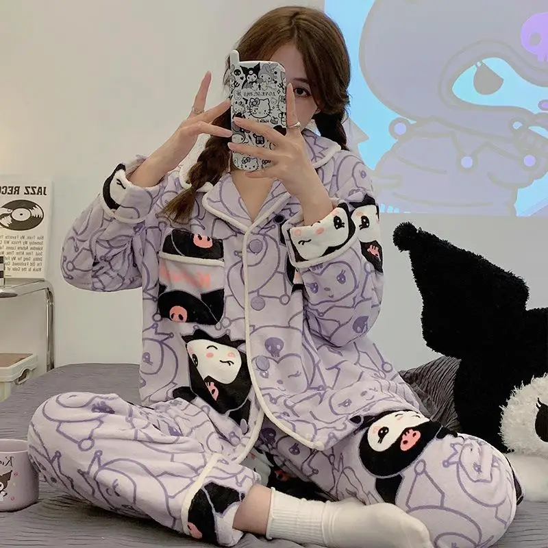 

Sanrioed Mymelody Cinnamoroll Cartoon Pajamas Ins Girl Heart Kawaii Flannel Thick Pajamas Cardigan Home Clothes Set Holiday Gift