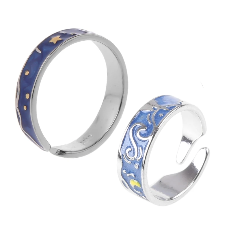 

Novelty Gogh Starry for sky Finger Ring Adjustable Open Lover Rings Romantic Silver Plated Ring Jewelry for Cou
