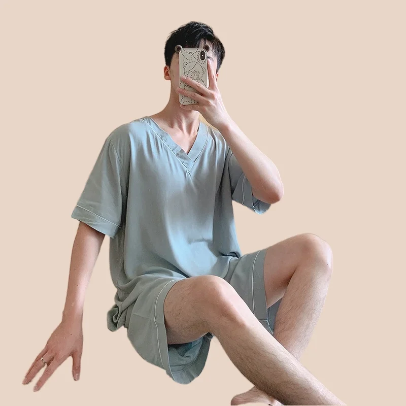 Men's Pajamas Set Short Sleeve T-shirt Shorts 2Piece/Set Summer Casual V-Neck Pyjams Homewear Cozy Plus Size Simple Sleepwear