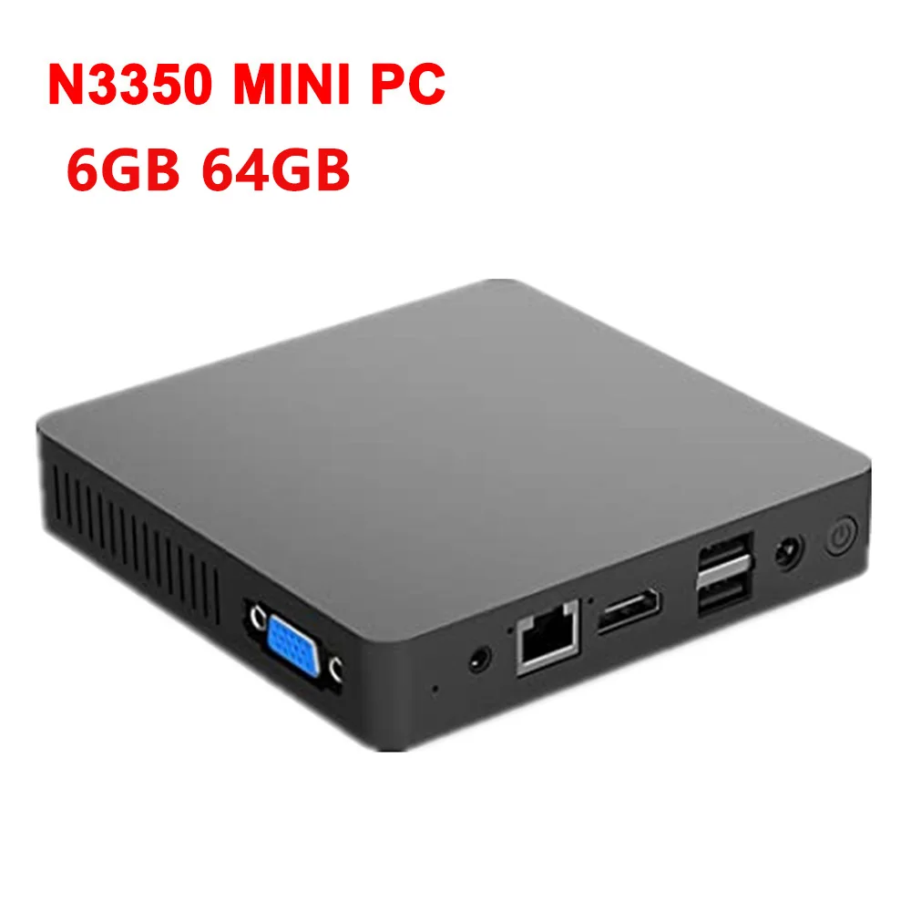 Мини-ПК без вентилятора Intel Celeron N3350 Windows 10 6 ГБ ОЗУ 64 Гб ПЗУ 128 SSD 1000 Мбит/с LAN Wi-Fi BT4.0 VGA