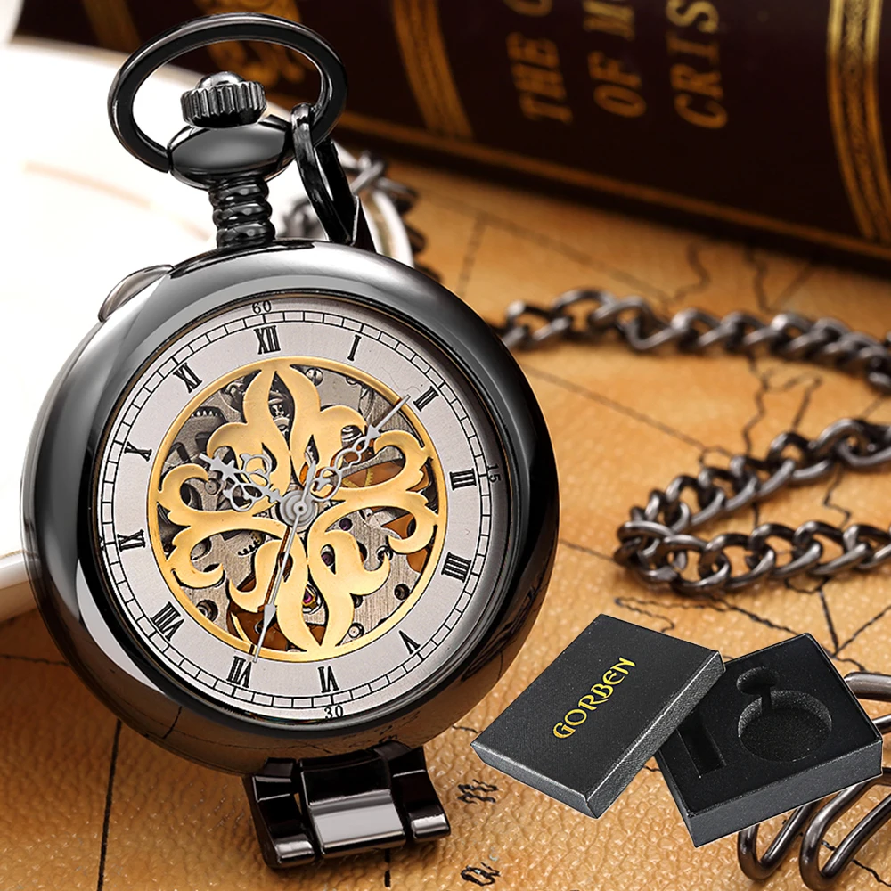 Skeleton Mechanical Pocket Watch with Chain Pendant Vintage MAN Pocket Watches Vest Necklace Watches Presents for Men Lady Clock