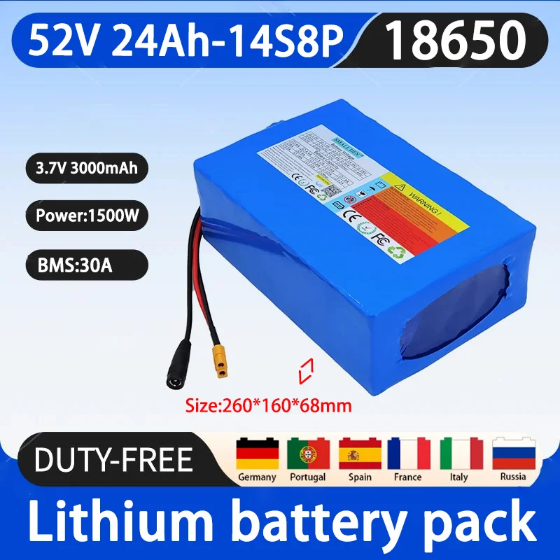 Блок литиевых батарей 52 в 24 Ач 18650-14S8P Встроенный BMS высокой мощности подходит для
