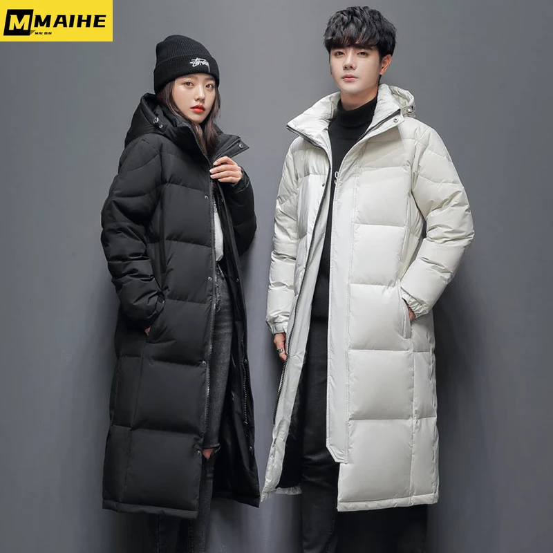New long parka Winter jacket for men and women Windproof warm white duck down coat Outdoor casual hooded thick ski suit for men