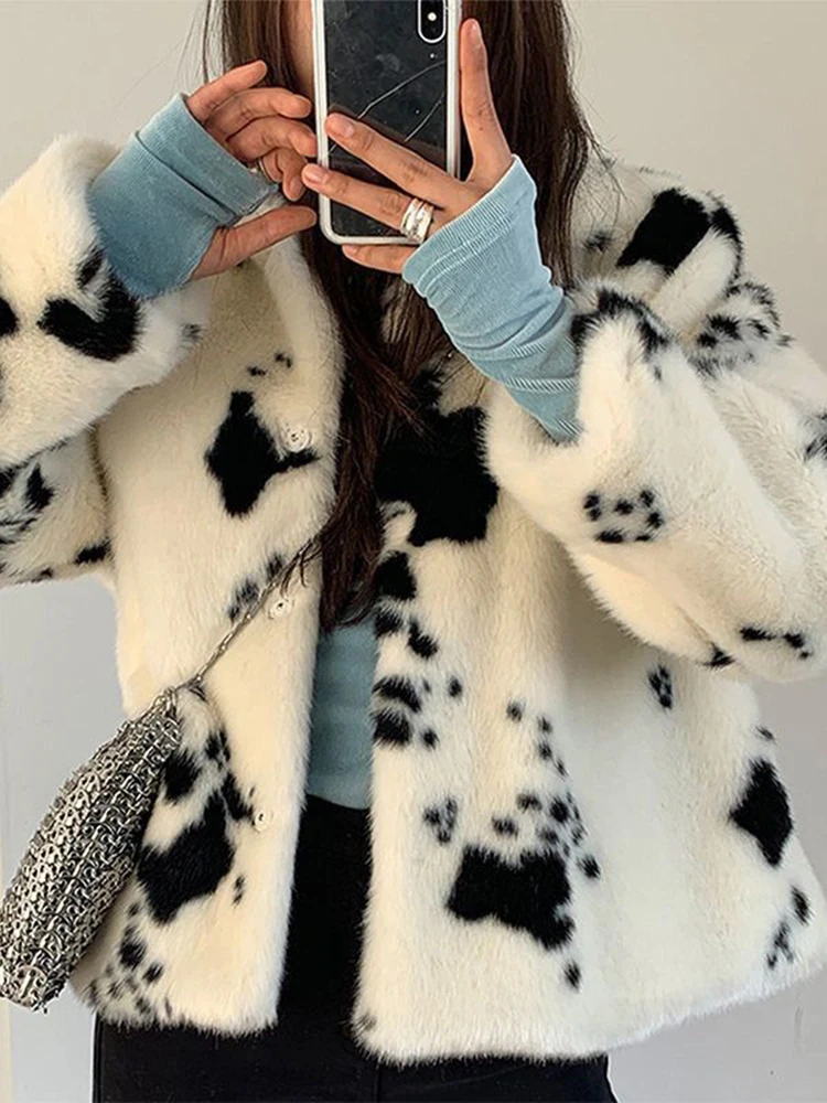 Winter Thick Women Faux Fur Jackets Black White Cow Print Women Jacket Loose Warm Fashion Korean Button Up Female Clothes