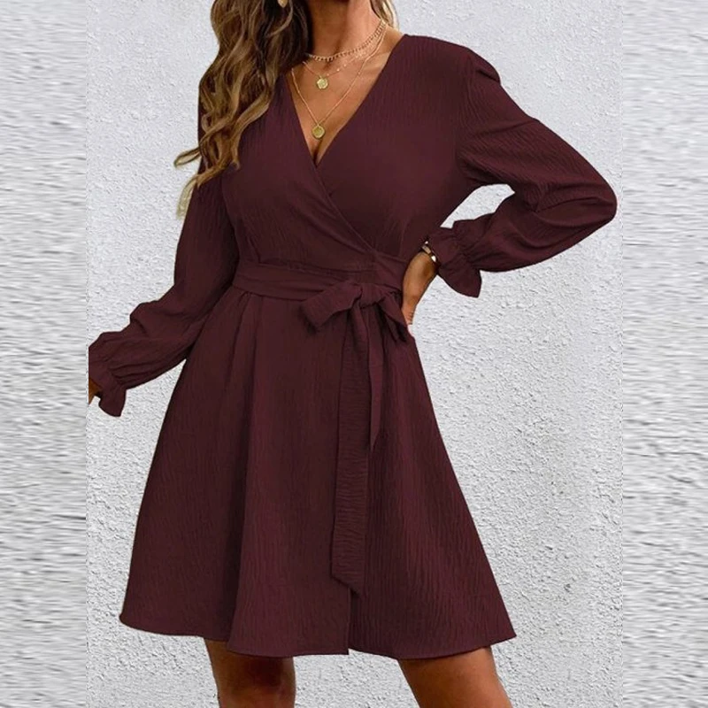 Fashion Autumn Long Sleeve A-Line Dress Female Spring Elegant Solid V Neck Lace-up Waist Party Dress Casual Pleated Mini Dresses