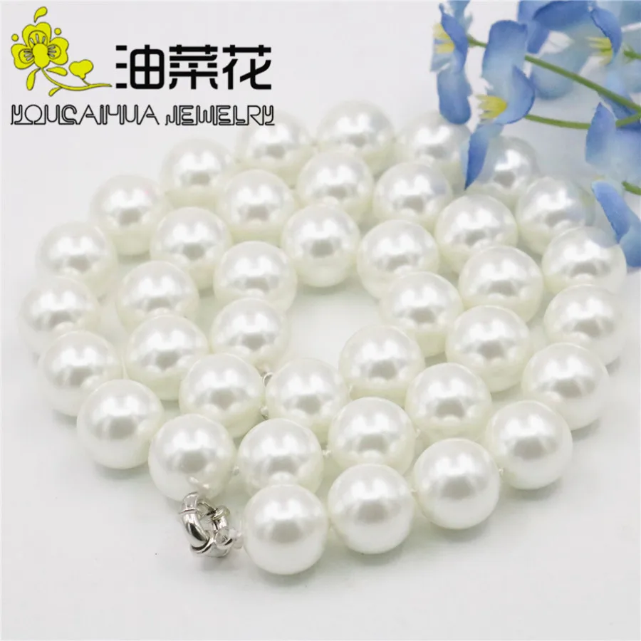 

14mm 23INCH White Round Pearl Shell Necklace Long Neckwear Women Girls DIY Fashion Jewelry Making Design Steering Wheel Clasp